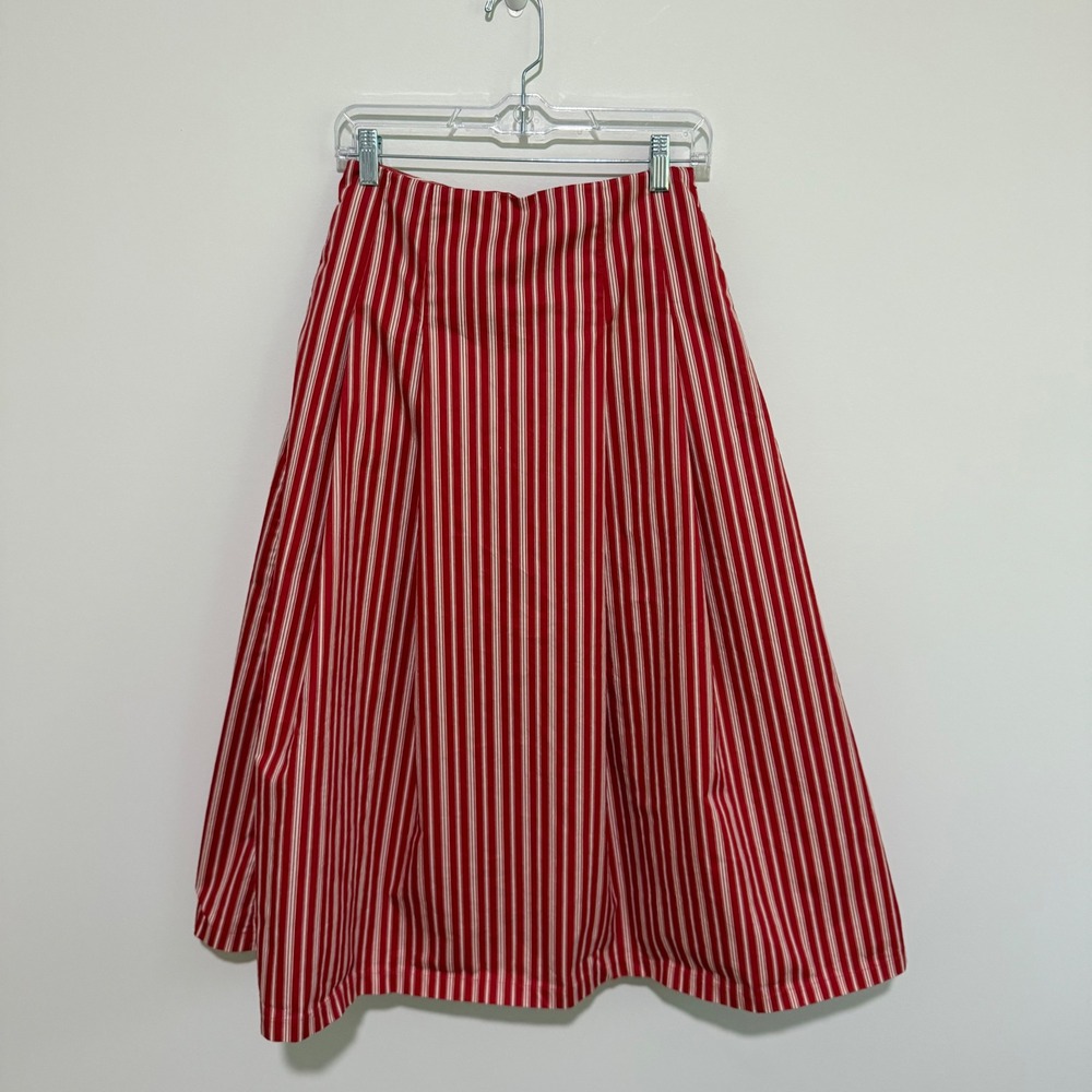 Zara Red and White Striped Pleated Midi Skirt with Pockets XS